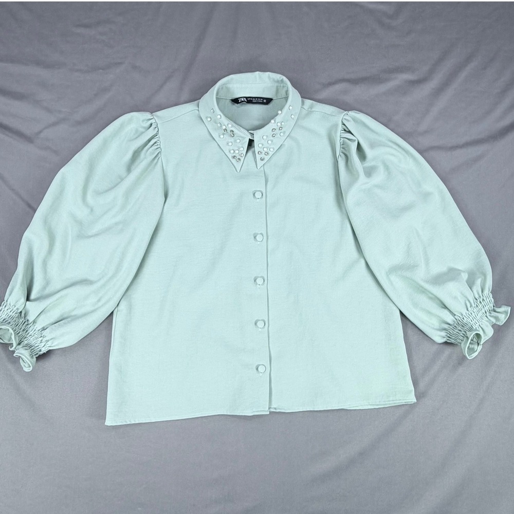 Zara Womens XS‎ Mint Green Pearl Rhinestone Collar Puff Sleeve Button Up Blouse